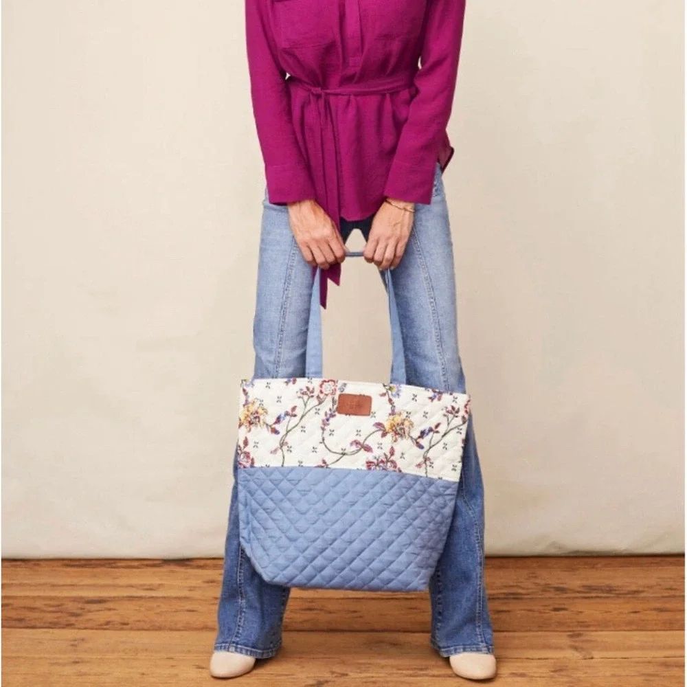 Good Hart Womens Heartsong Floral Quilted Tote Bag Cosmetic Pouch Set Blue White